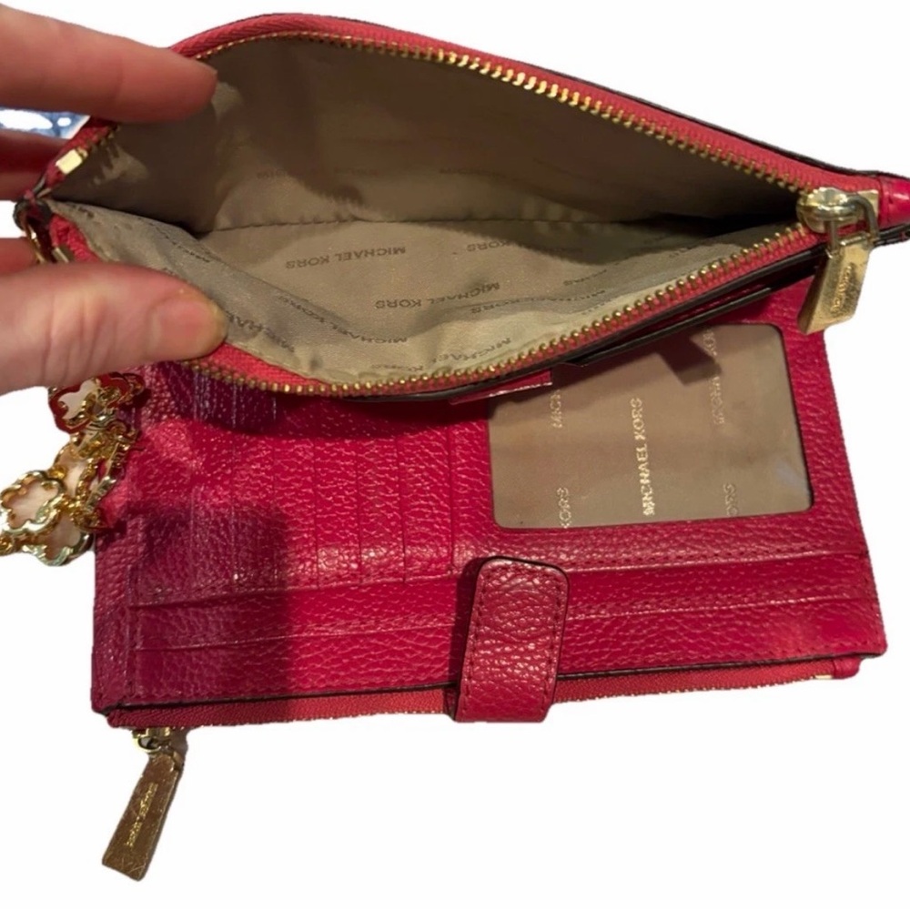 Michael Kors Leather Jet Set Double Zip Bifold Wallet Wristlet Bright Pink - Picture 15 of 16